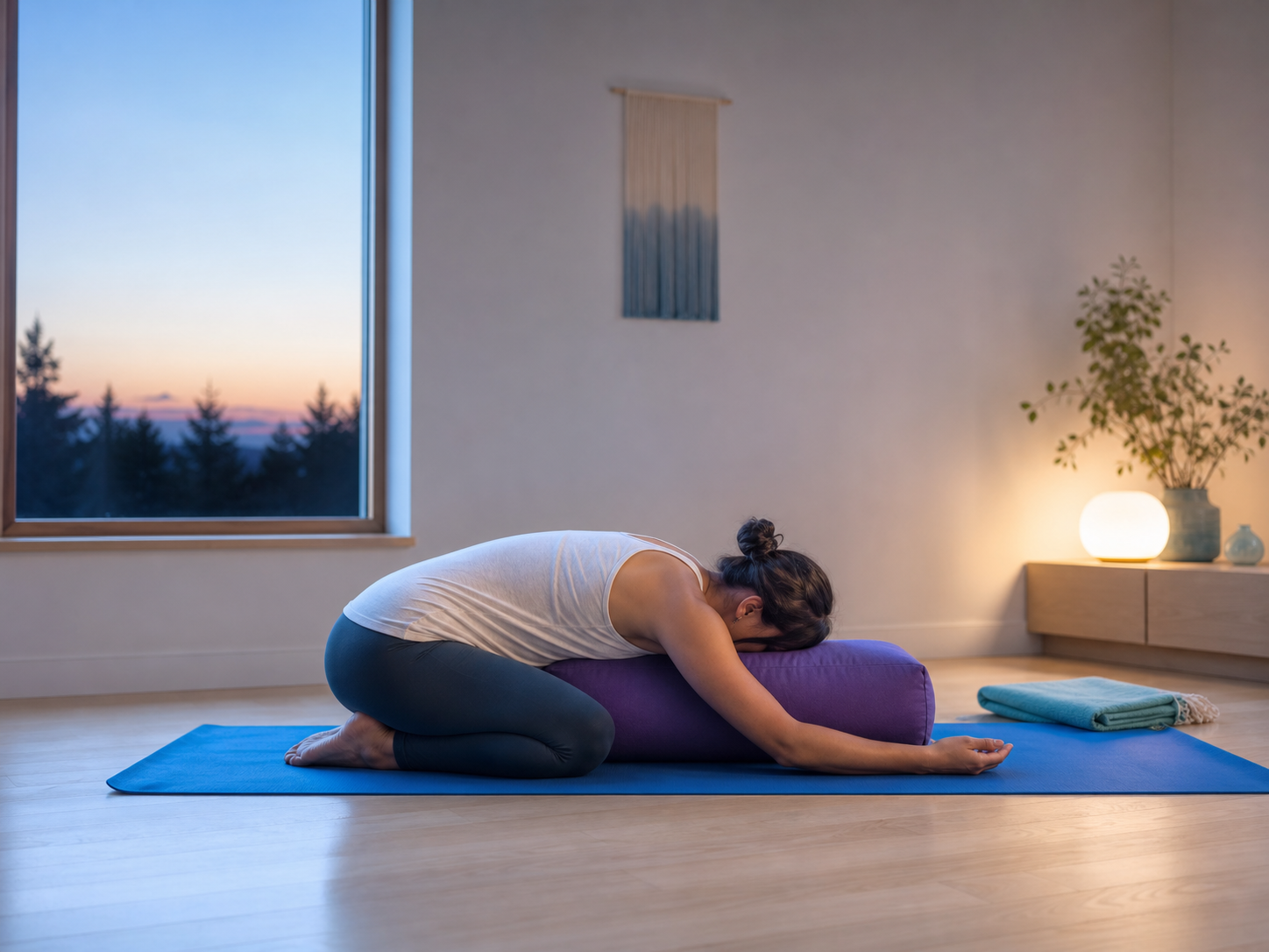 Yoga practitioner resting in a supported child's pose at dusk